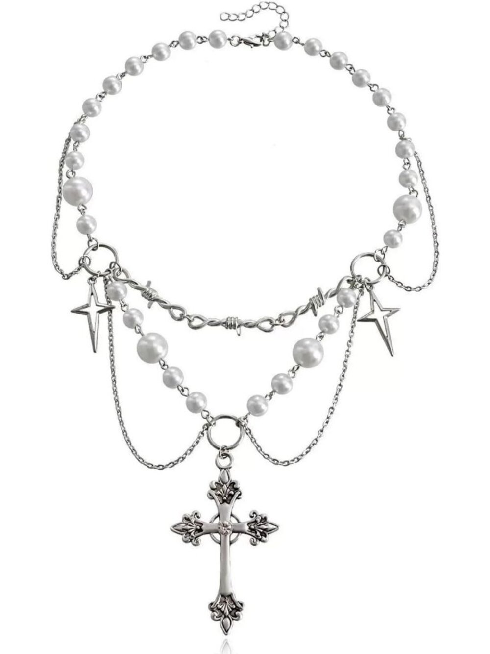 Gothic Layered Pearl Cross Necklace, Vintage Gold Chain with Beads, Boho Chic